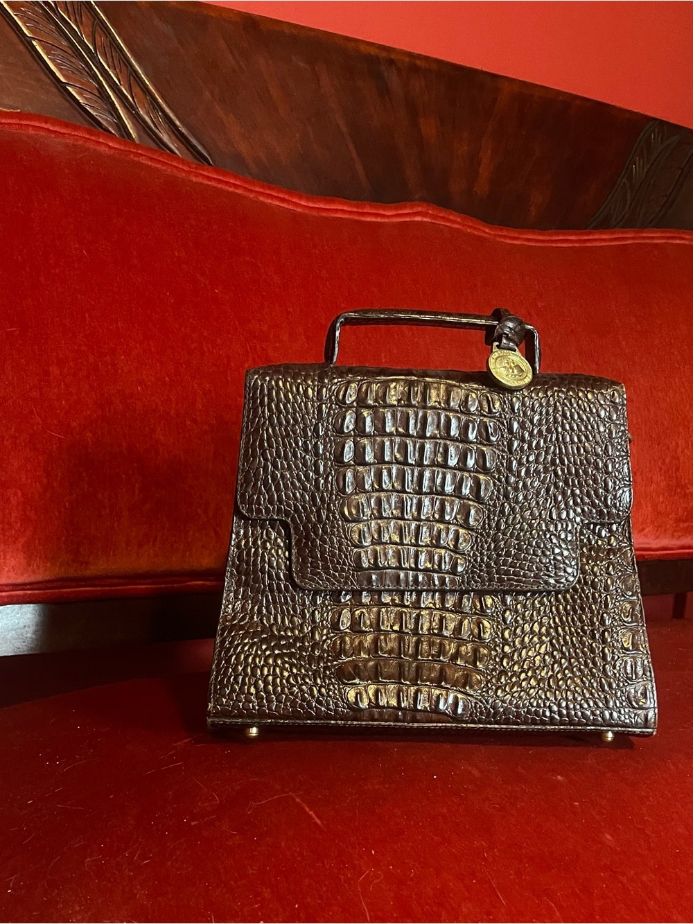 Brahmin Croc-Embossed Top Handle Satchel in Dark Brown